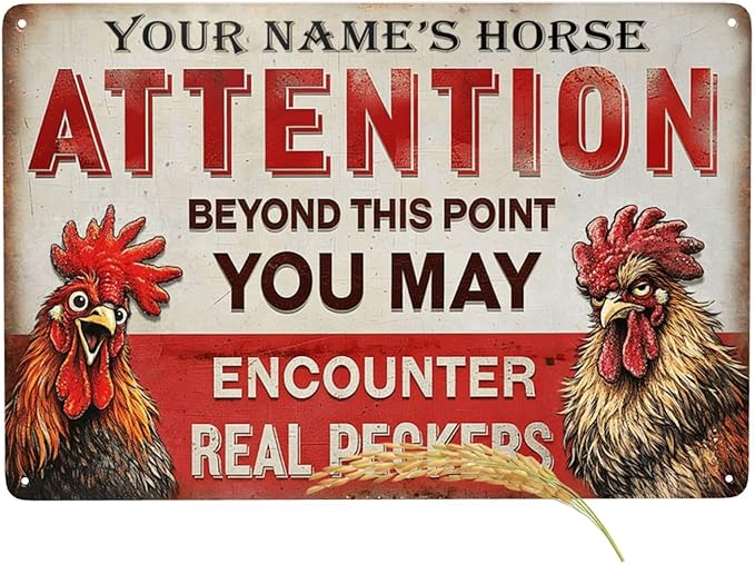 Custom Your Name Chicken Attention Sign Funny Farm Rooster Metal Tin Plaque Vintage Rustic Wall Decor for Backyard Barn