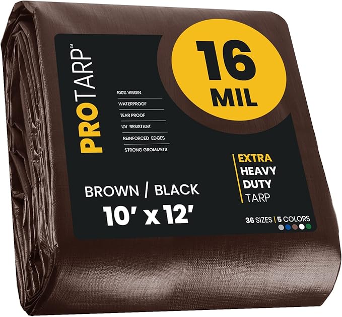 PROTARP Extra Heavy Duty 16 Mil Tarp Cover, Waterproof, UV Resistant, Rip and Tear Proof, Poly Tarpaulin with Reinforced Edges for Roof, Camping, Patio, Pool, Boat. (Brown/Black 10′ X 12′)