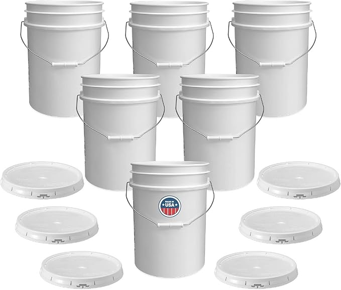 ePackageSupply White 5-Gallon Bucket with Lid | Made in USA | Food Grade | Heavy-Duty Extra Durable Plastic Bucket | Multi-Use Food Grade Buckets with Lids | Easy Stack and Store | BPA Free | 6 Pack