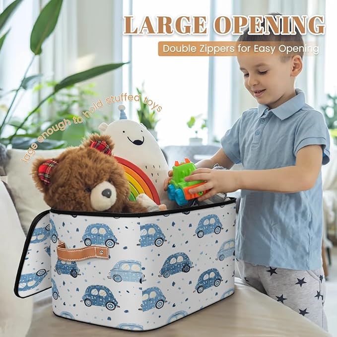 Storage Cubes with Lid Fabric Storage Bins Boxes PU Leather Handles, Cute Cars Closet Organizer Container Foldable Washable Shelf Cloth Basket, Cartoon Car