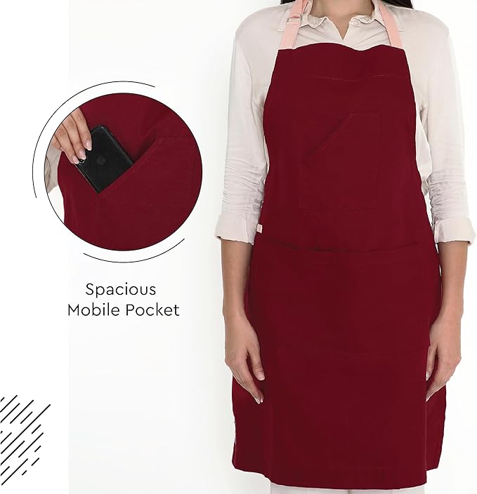 Encasa XO Adjustable Kitchen Cotton Apron With Pockets & Towel Holder Of Size 27x33 in (Maroon) for Men & Women Chefs For Cooking & Baking in Home, Restaurants & Barbeque