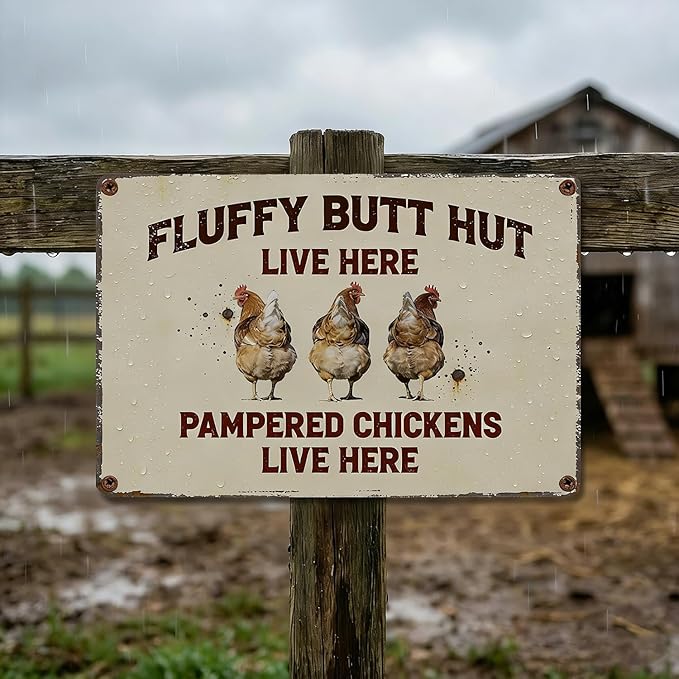 Funny Chicken Metal Sign Outdoor, Aluminum Farmhouse Wall Decor for Coop Door or Yard Area, Fluffy Humor Country Living Style, Rustic 8x12 Inch Gift