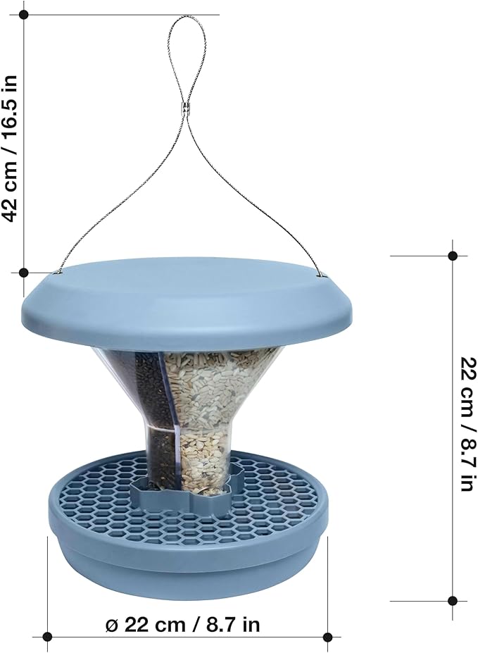 SWISSINNO Bird Feeders - No Mess Hanging Bird Feeder for Outdoors - Smart Birds Davos Spill Proof Wild Cardinal & Small Bird Feeder with Integrated Seed Catcher Tray - Dual Chamber - Light Blue