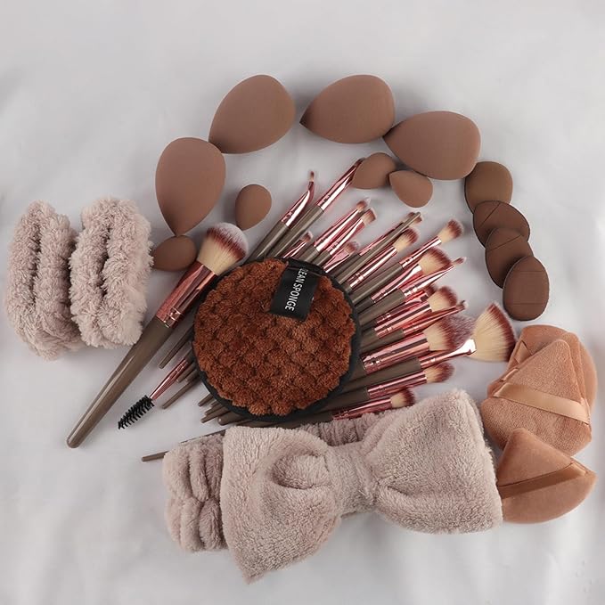 40 PCS Professional Makeup Brush Tools Set, Cosmetic Brush Sponge, Puff, Headband, Brush Cleaning Bow Set, Facial Makeup, Cleaning Accessories, Makeup Products, Valentine Day Item (Coffee-40PCS)