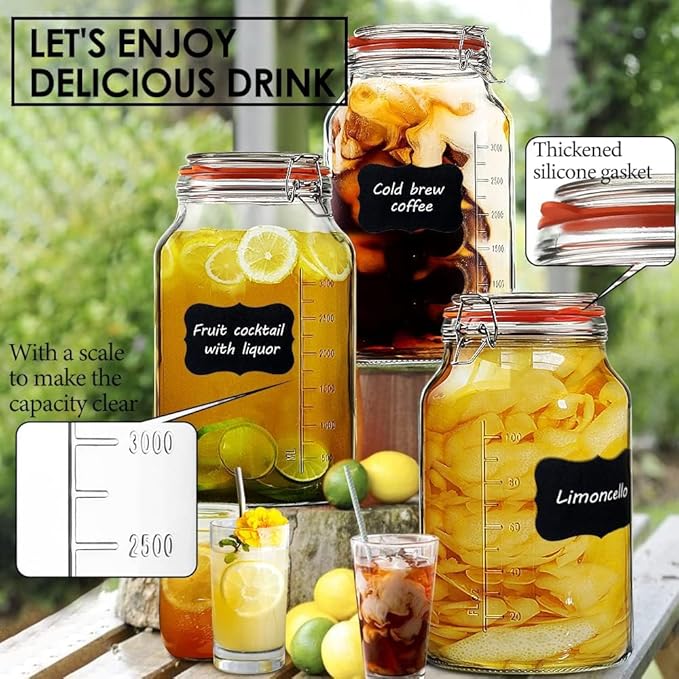 1 Gallon Glass Jars with Airtight Lid, Large Glass Storage Containers with Lids, 2 Pack Wide Mouth Mason Jars with Measurement Marks, Kitchen Pantry Storage for Flour, Sugar, 138oz, Dishwasher safe