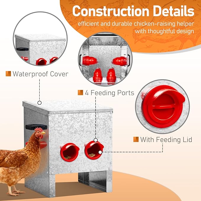 VINGLI Chicken Feeder with 4 Feeding Ports, 25 lb No Waste Large Capacity Metal Poultry Feeder with Handles and Lid for Backyard Chickens and Poultry (4 Ports)