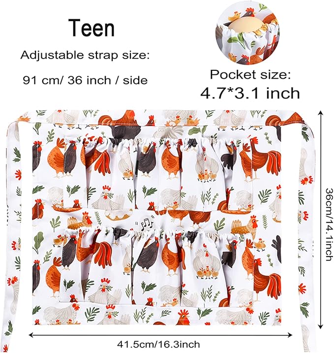 Egg Collecting & Gathering Apron with 8 Pockets - Chicken Egg Apron for Women/Men, Fresh Eggs Collection (Hen Design, Gifts for Chicken Keepers)
