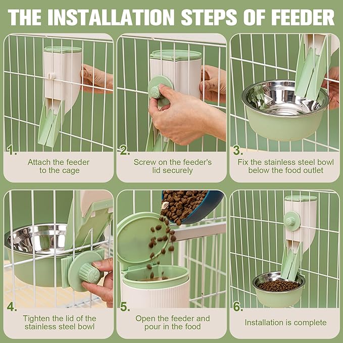 Hanging Rabbit Automatic Food Feeder with 30oz Bowl and 500ml Water Dispenser Bunny Gravity Feeding Station Waterer Set Hanging Self-Dispensing Feeder for Cages,Ferret,Guinea Pigs Chinchillas Hedgehog