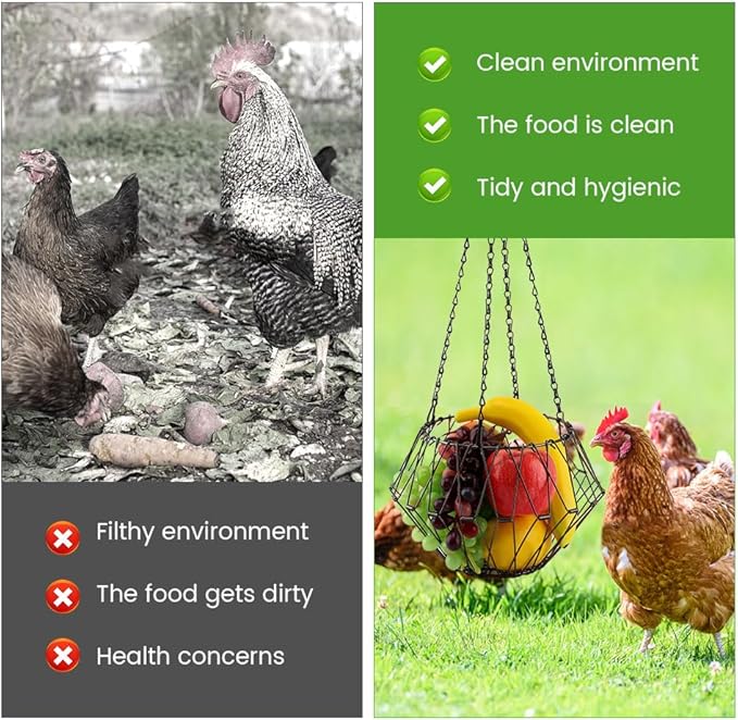 Hanging Chicken Feeder, 9.2 inches Large Poultry Vegetable Fruits Feeder Basket with 4Pcs Hanging Stainless Chain, Veggie Treat Ball for Chicken,Hens,Duck,Rabbit Coop(Size:1pc)