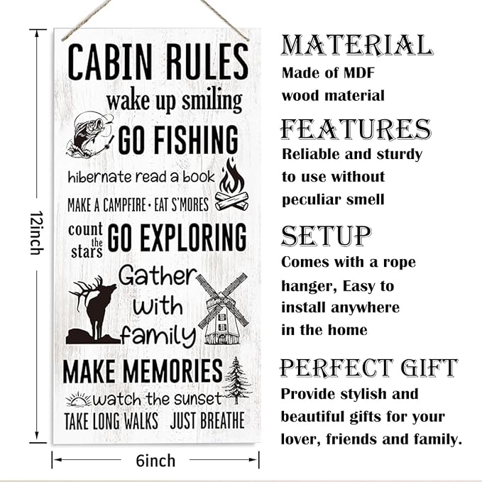 Cabin Rules Sign, Lake House Decor, Decorative Wood Hanging Wood Plaque, Positive Home Decor, Rustic Door Sign, Country House Decoration, Farmhouse Style Cabin Sign for Home Decoration Gifts