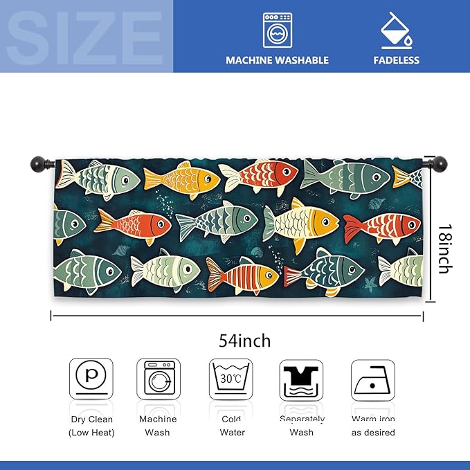 Colorful Fish Kitchen Curtain Valance 54W x 18L Inch Vibrant Funny Vintage Retro Rod Pocket Short Cafe Small Window Treatment Drapes Decor