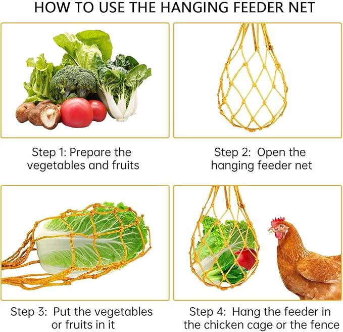 3pcs Hanging Chicken Feeder, Chicken Vegetable String Bag, Poultry Fruit Holder, Chickens Vegetable Hanging Feeder, Cabbage Treat Feeding Tool for Poultry Hens Duck Goose Large Birds