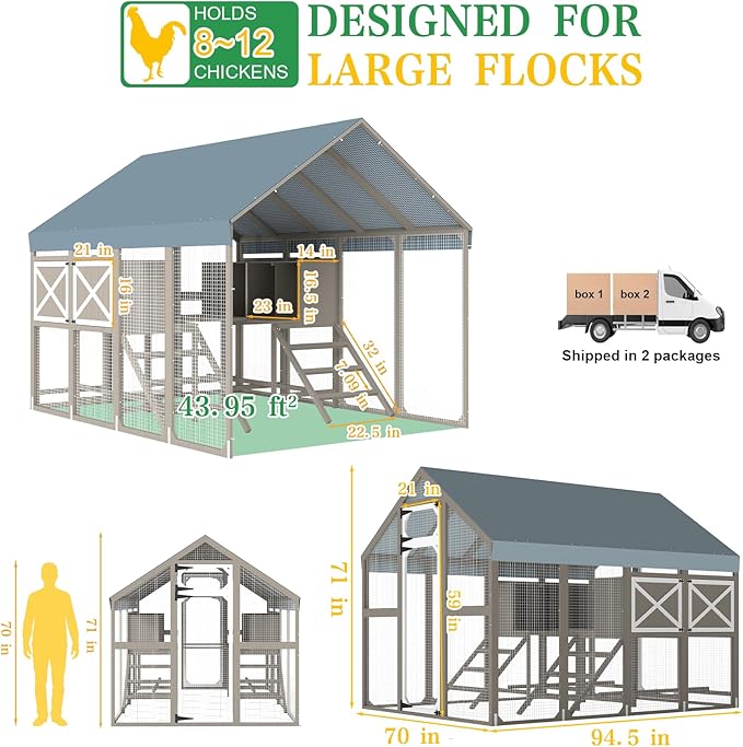 Large Wooden Chicken Coop, Walk-in Chicken Run with Waterproof Cover, Large Poultry Cage for Yard Farm Backyard Hen House, Duck Coop and Rabbit Run with Nesting Boxes, for 8–12 Chickens