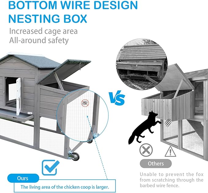 PetsCosset 79" Wooden Chicken Coop Rabbit Cage with Nesting Box, Waterproof Roof, Removable Tray, Combinable