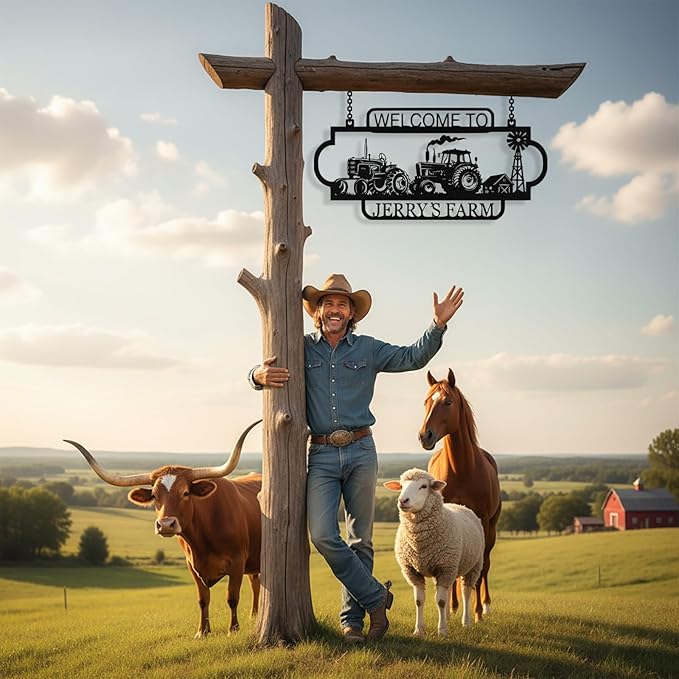 Personalized Metal Farm Sign, Custom Tractor Farm Metal Signs Outdoor, Custom Ranch Sign, Customized Large Hanging Family Name Welcome Sign for Farms, Ranch, Barn, Farmhouse