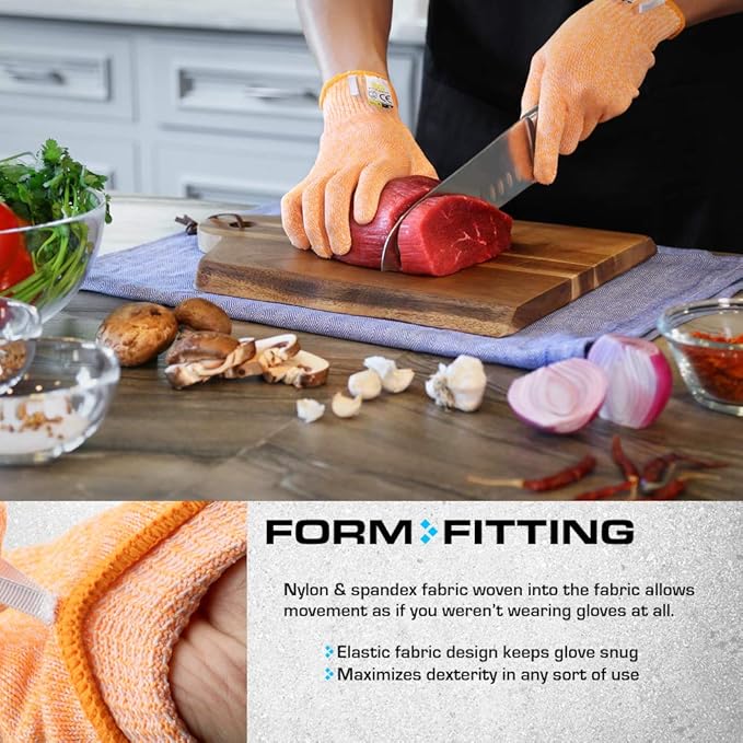 Glove Station Ultra Durable Series Cut Resistant Gloves - Cutting Gloves for Chefs, BBQ and Cooking - Level 5 Protection, Food Grade Safe Cut - Orange, Medium Size [2-Pack]