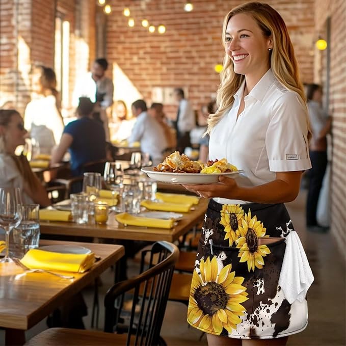 Waist Apron with 3 Pockets Waterproof 13 Inch Short Half Waist Aprons Women Men Server Aprons Waitress Waiter Apron