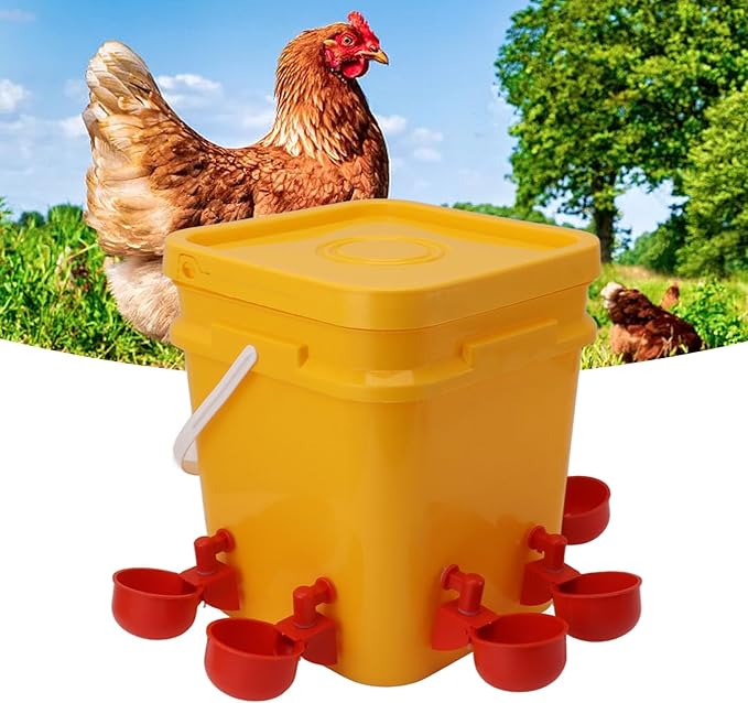 GLOGLOW Automatic Chicken Waterer Bowl, Durable Plastic with Gravity System, 12L Drinker for Chickens, Ducks and Other Poultry (Bucket + Conjoined Red Bird Bowl+ Black Screws)
