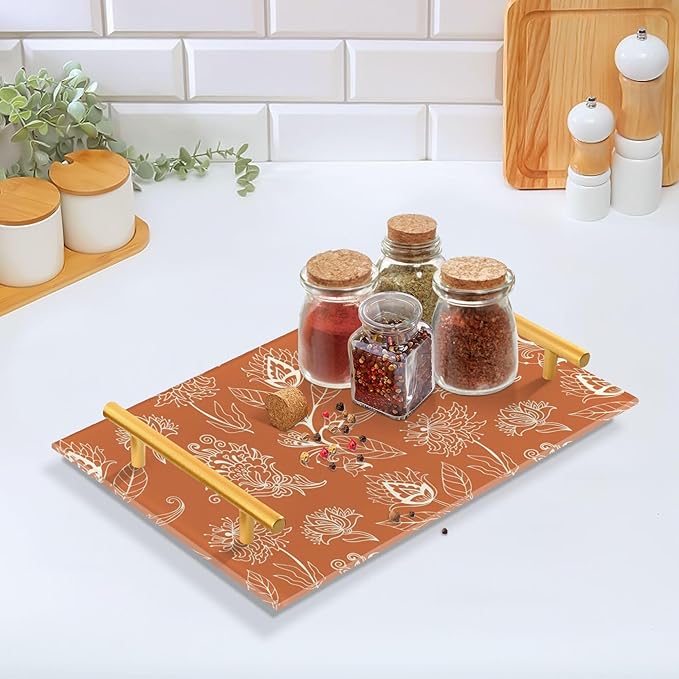 Bathroom Vanity Tray Counter Organizer, Orange Floral Pattern Decorative Tray with Handles Countertop Storage for Bathroom Bedroom Kitchen Home Farmhouse