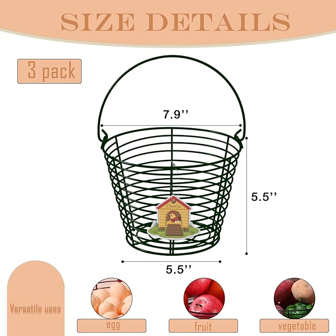 3 Pack 8 Inches Metal Mesh Wire Egg Collecting Basket with Handle Portable Garden Vegetable Fruit Storage Lightweight Hanging for Kitchen Farmhouse Gathering Picnic (Green)