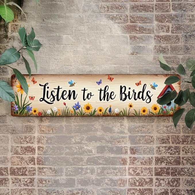 Listen to the Birds Metal Tin Sign Farmhouse Wall Decor with Floral & Butterfly Design Rustic Wall Art for Kitchen Living Room Bedroom Porch Garden 4x16 Inch