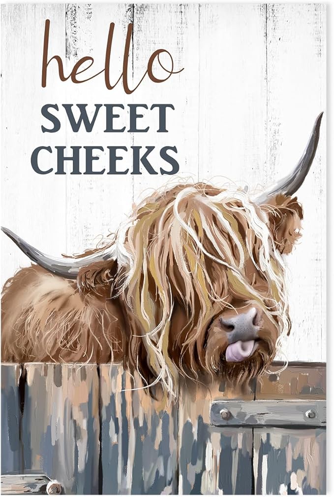 Highland Cow Pictures Wall Decor:Hello Sweet Cheeks Bathroom Decor Cow Paintings Canvas Prints Poster Rustic Farmhouse Highland Cow Wall Art Country Living Room Bedroom Home Decor 10" X 15"