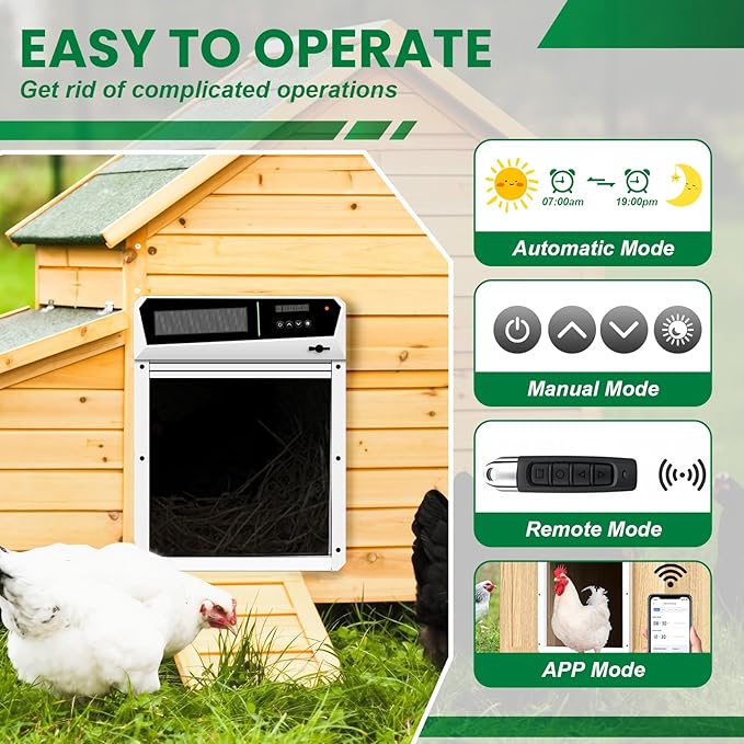 Solar Automatic Chicken Coop Door with Built-in Solar Power & Battery Backup and Timer & Manual Control， Anti-Pinch Safety System, Large LCD Display, Weatherproof Aluminum Auto Chicken Coop Door