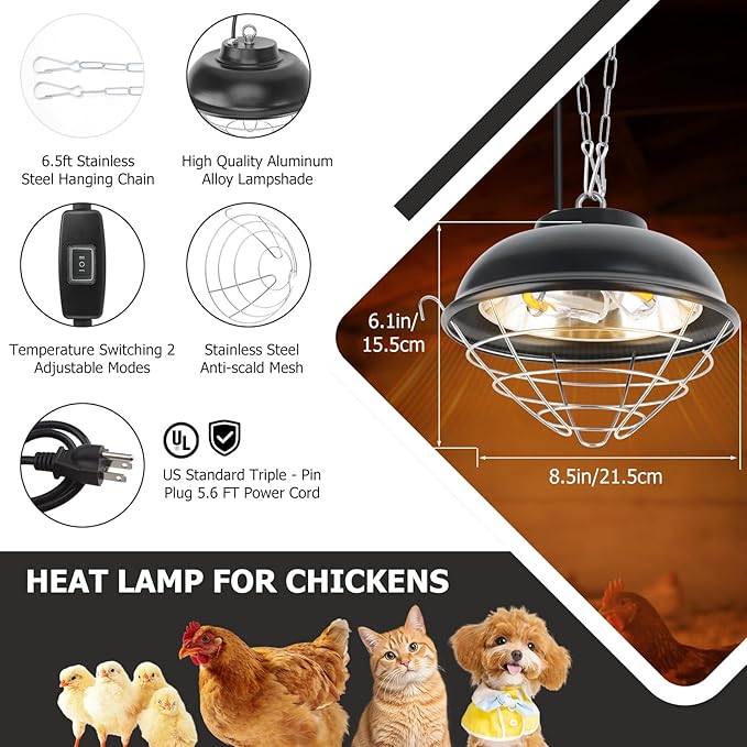 350W Heat Lamp for Chickens - Carbon Fiber Chicken Coop Heater, Hanging Chicks Brooder Heaters 2 Heating Levels, 5.6 Ft Cord Waterproof Chicken Heat Lamp for Poultry Pets & Outdoor Used
