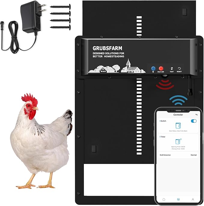 Automatic Chicken Coop Door, Programmable via App Timer, Solar/Battery/Grid Powered Design with Anti-Pinch Protection, Waterproof Aluminum Auto Door for Chickens & Ducks,Plug & Play Setup - GRUBSFARM