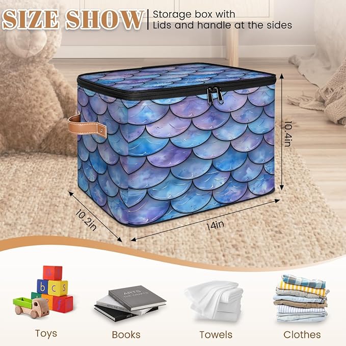 Mermaid Scales Storage Bins With Lids Fabric Collapsible Storage Box with Leather Handles for Home Bedroom Foldable Closet Shelf Organizer