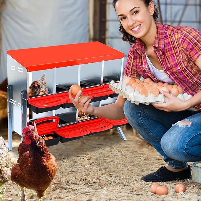 Metal Chicken Nesting Box, 8 Compartments Chicken Egg Laying Box, Chicken Coop Nesting Box, Chicken Nesting Box with Roll Up Design Lid, with Stand,Red