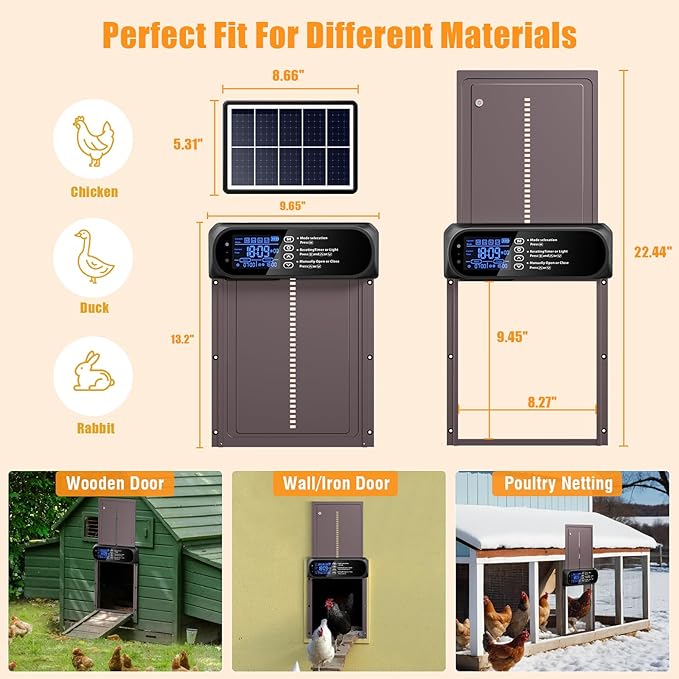 Automatic Chicken Coop Door Solar Powered, LCD Screen Electric Auto Chicken Coop Door with Timer & Light Sensor, Aluminum Rechargeable Automatic Chicken Door Opener with Remote Control & 4 Modes