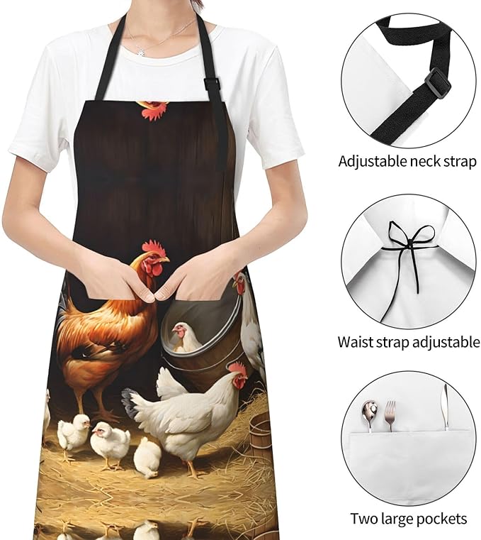 Farm Chickens Waterproof Apron For Adults With Two Large Pockets,Adjustable Neck And Waist Ties,Full-Length Bib Design-Polyester Fabric