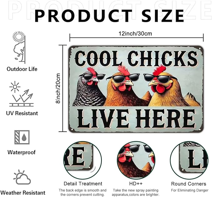 Chicken Decor Cool Chicks Live Here Vintage Tin Sign for Chicken Coop Farm Kitchen Garden Yard Decor 8x12 INCH (3830)