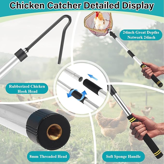 Chicken Catcher Net Telescopic,37 to 64 in Chicken Catcher Leg Hook Long Handle Animal Catcher Pole Heavy Duty with Stainless Steel Tube Extension Pole Poultry Hook Fowl Catcher Sturdy