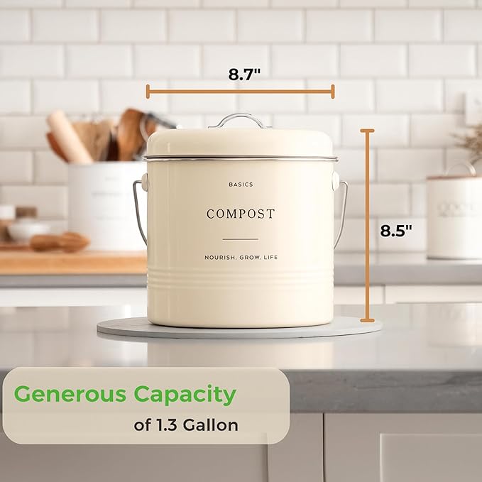D'Lifeful Kitchen Compost Bin – 1.3 Gallon Countertop Farmhouse Compost Container with Lid – Odorless Indoor Food Scrap Pail with 6 Charcoal Filters – Eco-Conscious and Easy to Clean - Cream