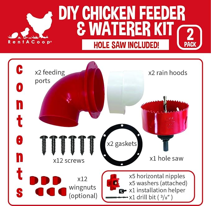 RentACoop DIY Chicken Feeder and Waterer Kit - Automatic No Waste Chicken Feeder - Includes 2 Large Ports, 5 Horizontal Nipples, Hole Saw, Rain Hoods, Drill Bit, Screws, Wingnuts, and Gaskets - 2 Pack