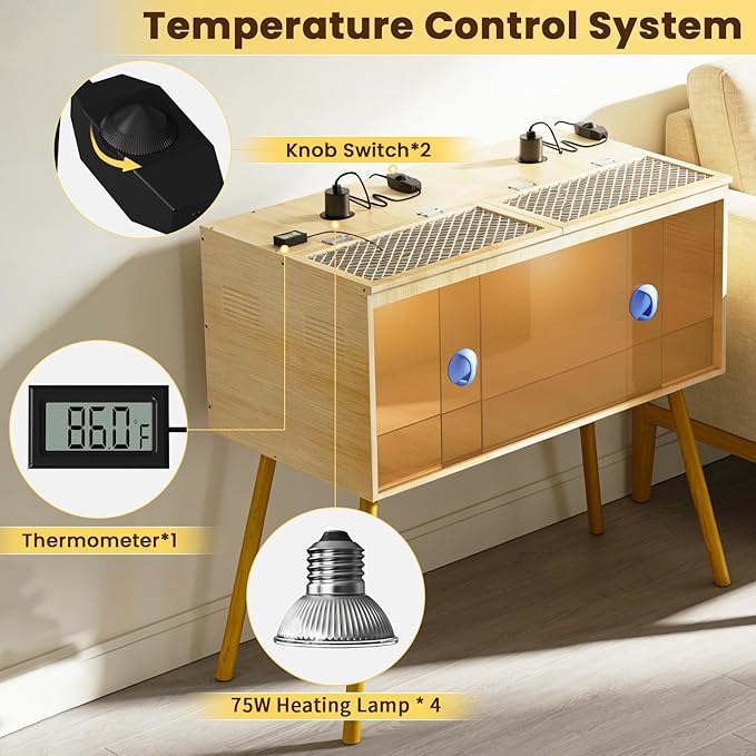 Brooder Box For Chicks, 32 Inch Large Wooden Chicken Brooder Box With Legs, 75W Heat Lamps, Thermometer, Chicken Feeder & Waterer Set, Tin Foil, Ideal For 12-15 Chicks Ducks Quail, Large(Legs)