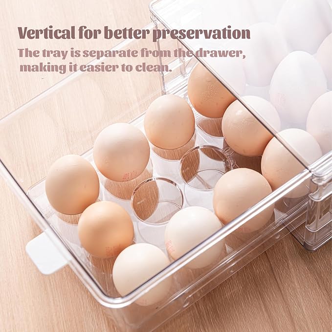 BPA-Free Egg Storage Drawer - Stackable Refrigerator Egg Holder, 2 Pack, 36 Egg Tray.