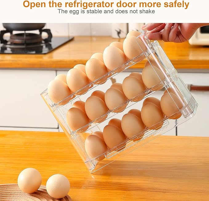 Beveetio Flippable Egg Holder For Refrigerator, Clear Acrylic Egg Storage Container For Refrigerator Side Door, Large Capacity Organizer-30 Count Capacity