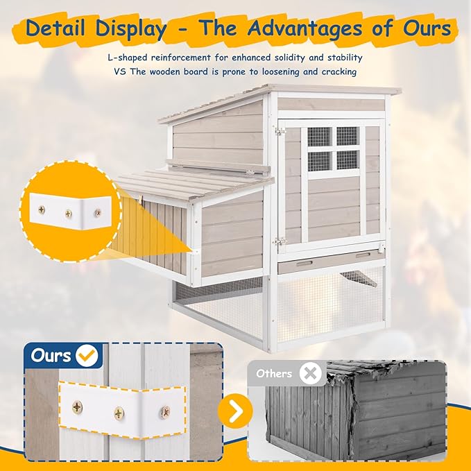 Outdoor Chicken Coop for 2–4 Chickens, Elevated 2-Tier Hen House with 3-Compartment Nesting Box, Slide-Out Tray, Reinforced L-Shaped Frame, Expandable Run Connection, Backyard Poultry Coop