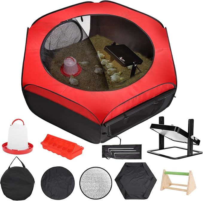 Brooder Box for Chicks Starter Kit, Pop up and Breathable Chicken Brooders, Collapsible Brooding Box/Playpen with 10 x 10in Brooder Plate, Chicken Waterer, Feeder, Perch for Duck, Quail