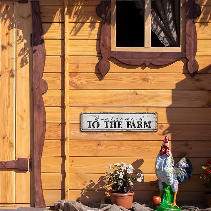 Welcome to the Farm Sign, Rusty Metal Tin Signs 15.8x4 inches, Outdoor Welcome Sign, Vintage Hanging Metal Plaque for Garden Yard Fence Home Decor, Farmhouse Front Door Porch Decoration