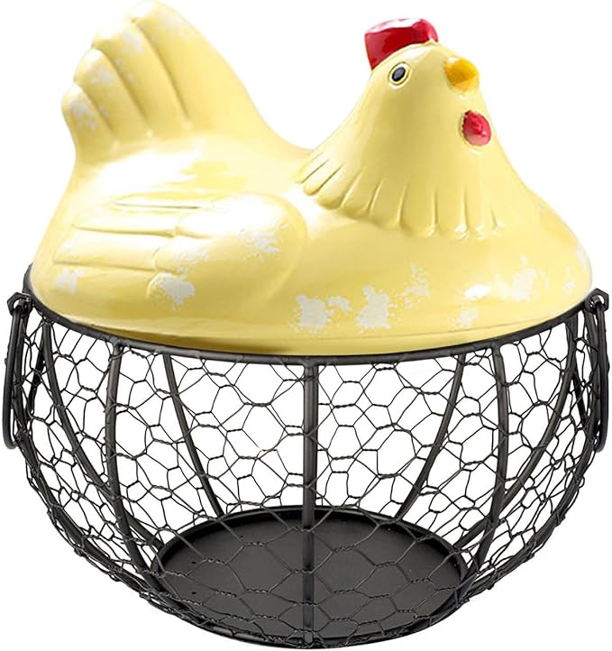 Egg Storage Organizer for Kitchen Countertop, Ceramic Chicken Lid with Wire Basket Dispenser, Black Chicken Egg Holder for Fresh Eggs, Rustics Egg Dispenser Rack for Farmhouse Decor (Yellow)