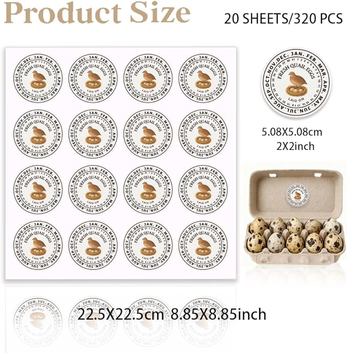 320 Pcs Quail Eggs Carton Labels, 2 Inch Round Fresh Quail Eggs Handling Stickers Waterproof PET Adhesive Quails Egg Packaging Sticker for Box Container Carton Farm Supplies