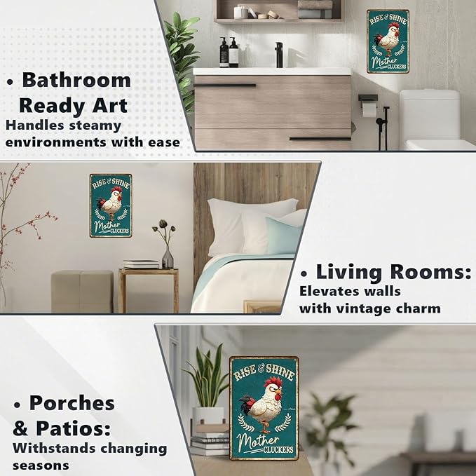 Funny Chicken Signs Rooster Kitchen Decor Rise And Shine Mother Cluckers Tin Signs Vintage Coop Metal Decor Rustic Wall Art For Home Farmhouse Farm Poultry House Cafe Bar Office 12 * 8 In