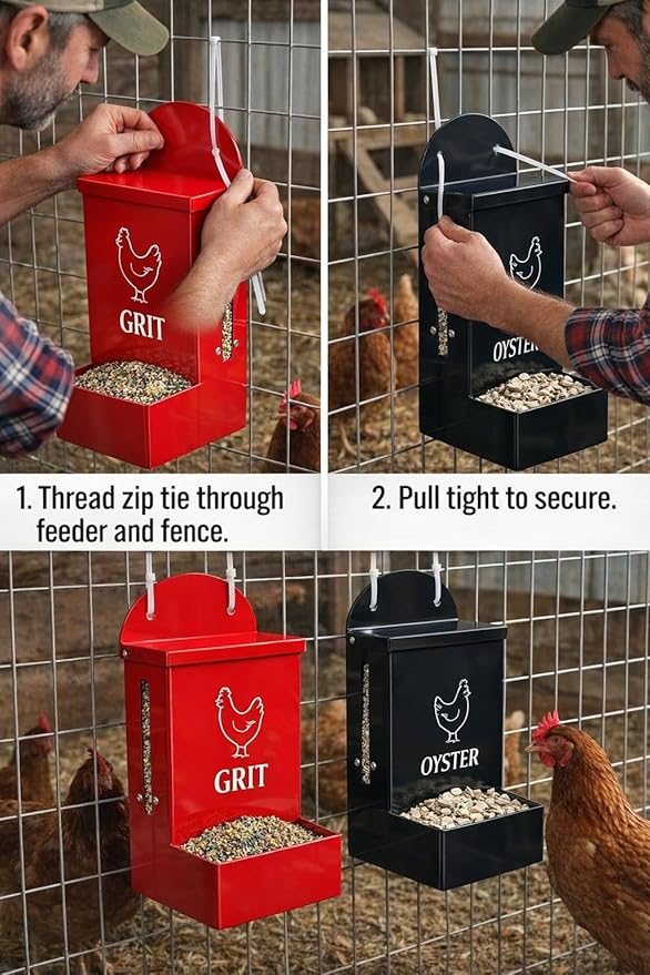 Premium Metal2 Packs Oyster Shell Feeder for Chicken with Viewing Window Grit Oyster rain Cover Fodder Crushed Alimento para Chicken Coop Accessories Improve Eggshell Quality and Hen Health