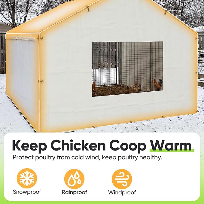 Quictent 8.9x6.5 FT Chicken Coop Cover Heavy Duty Winter Wrap with Window, Waterproof Chicken Run Tarp, Full Enclosure Insulation, 12 Ball Bungees (Back Panel)
