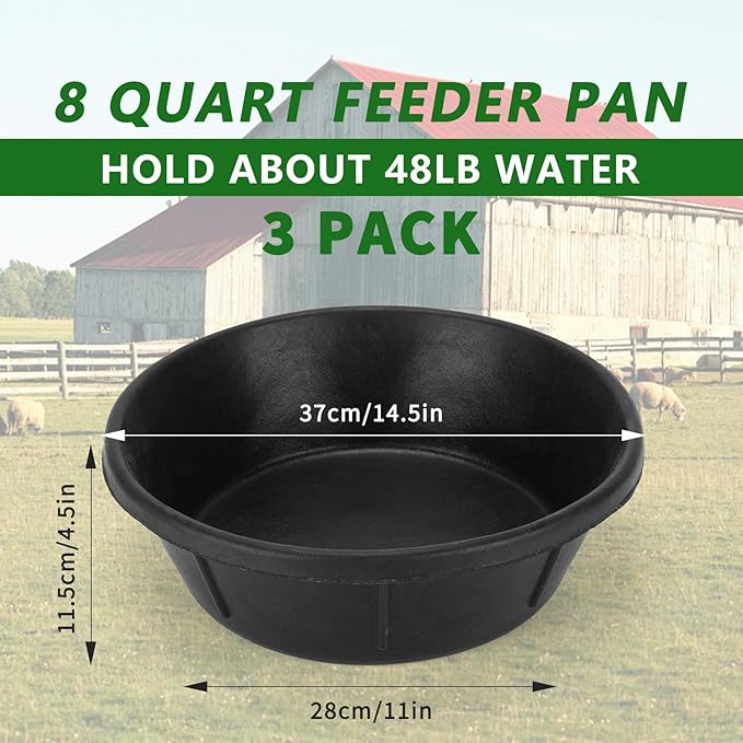 3Pcs Heavy Duty Rubber Feeder Pan, 8Q/2Gal Horses Feed Pan, Large Feed Bucket for Animal Feeding, Livestock Water Bowl Chicken Dust Bath Tub for Horse Goat Pig Dog Farm Livestock Poultry