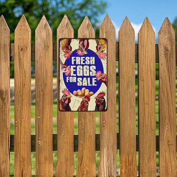 Vintage Fresh Eggs & Chicken Metal Sign Rustic Farm Eggs For Sale Tin Poster Home Kitchen Farmhouse Chicken Wall Decor 12x8 Inch